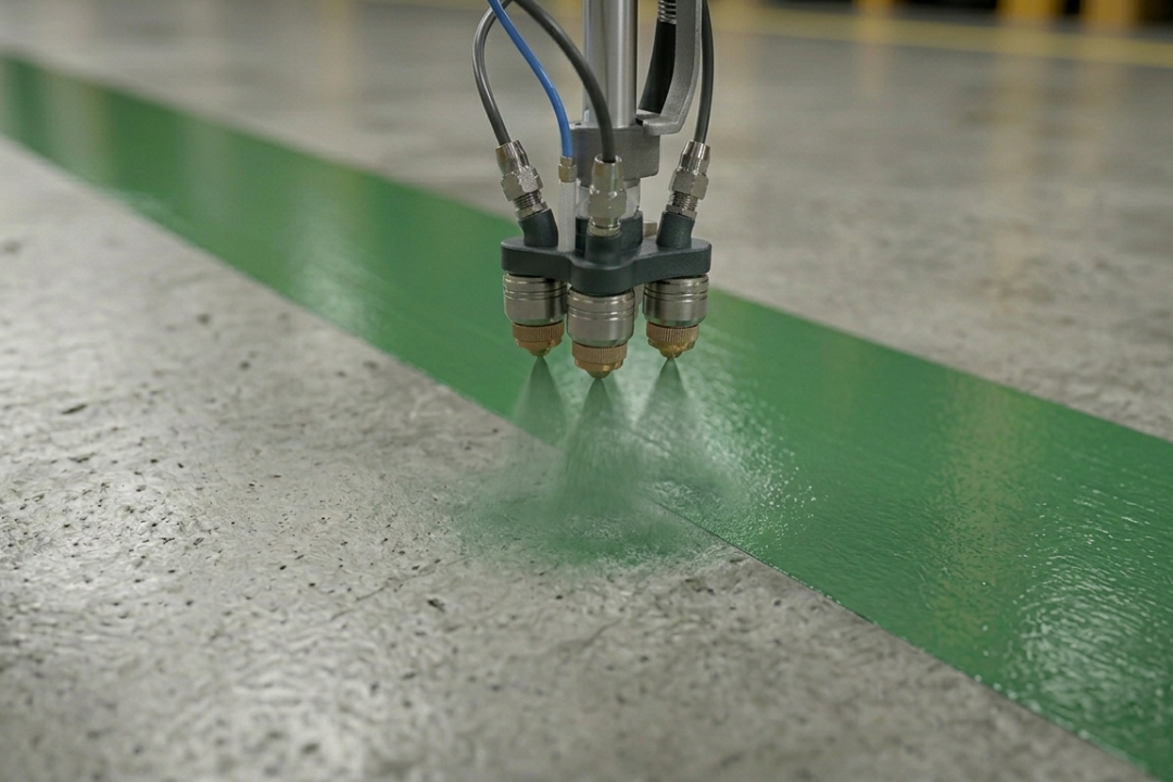 Cabezal-de-pulverizacion-automatizado-aplicando-una-linea-de-pintura-verde-de-alta-visibilidad-sobre-pavimento-de-hormigon