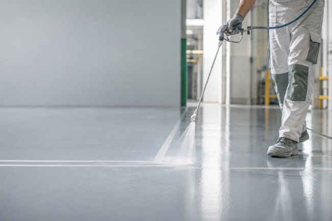 Trabajador profesional de Rull Services aplicando pintura sostenible en una nave industrial